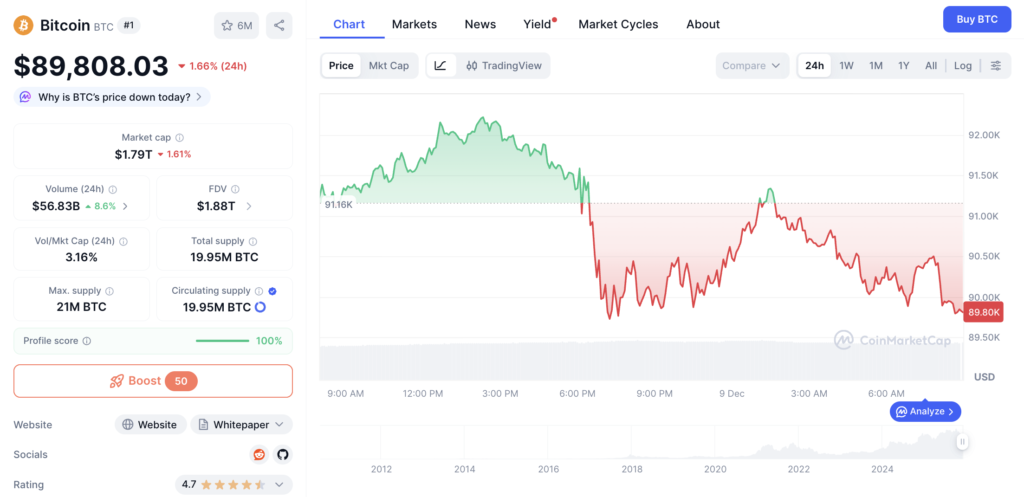 قیمت روزانه قیمت بیت کوین - منبع: CoinMarketCap